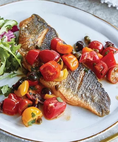 pan seared branzino with tomatoes and capers