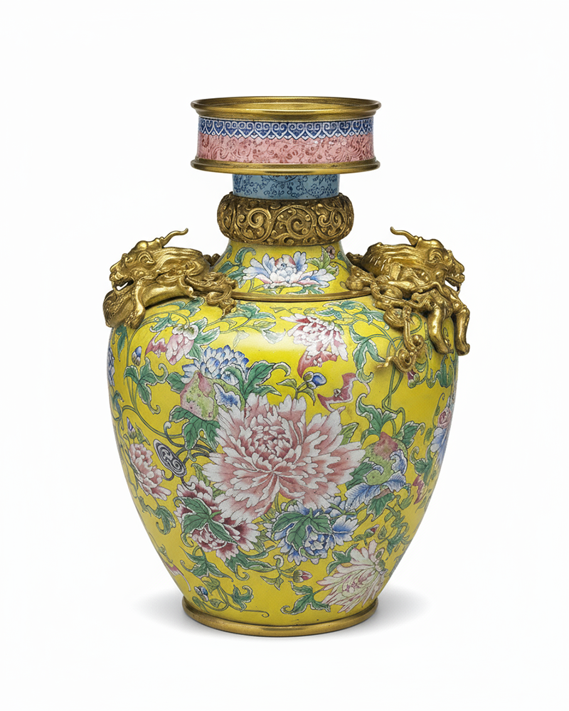 Painted Enamel Vase With Dragons and Ppeony Decoration