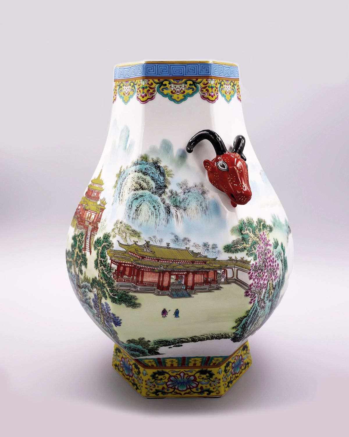 Alternative view of Qianlong Enamel Sheep Head Zun Vase