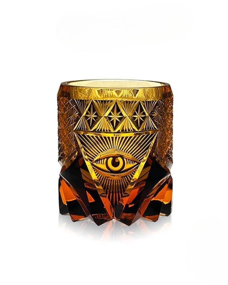 Handcrafts Heavy Edo Kiriko's Whiskey Glass Tumbler Black Amber With Hand Engraved God's Eye Design In Gift Box