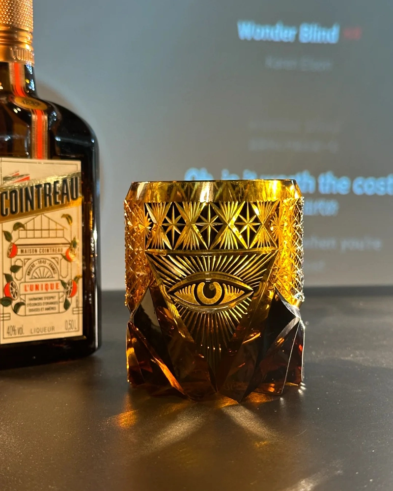 Alternative view of Handcrafts Heavy Edo Kiriko's Whiskey Glass Tumbler Black Amber With Hand Engraved God's Eye Design In Gift Box