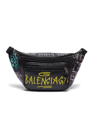 Balenciaga Men's Black 'explorer Graffiti' Print Leather Bum Bag-20244437