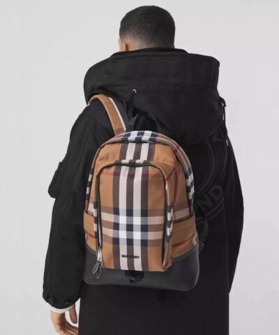 Burberry Large Check Cotton Canvas and Leather Backpack 20241422 1