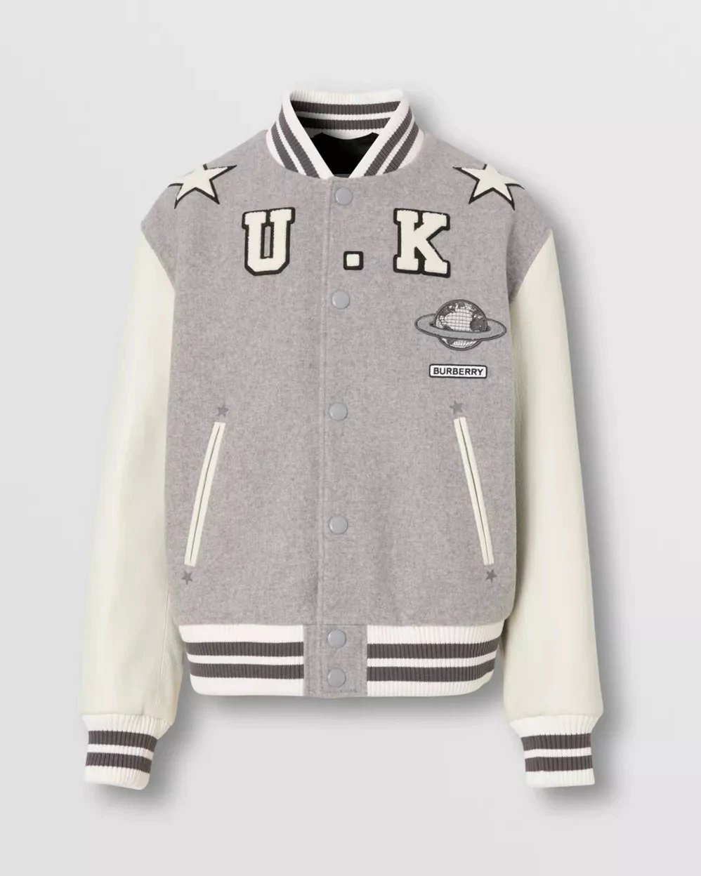 Burberry Leather Sleeve Technical Wool Varsity Jacket-20238533