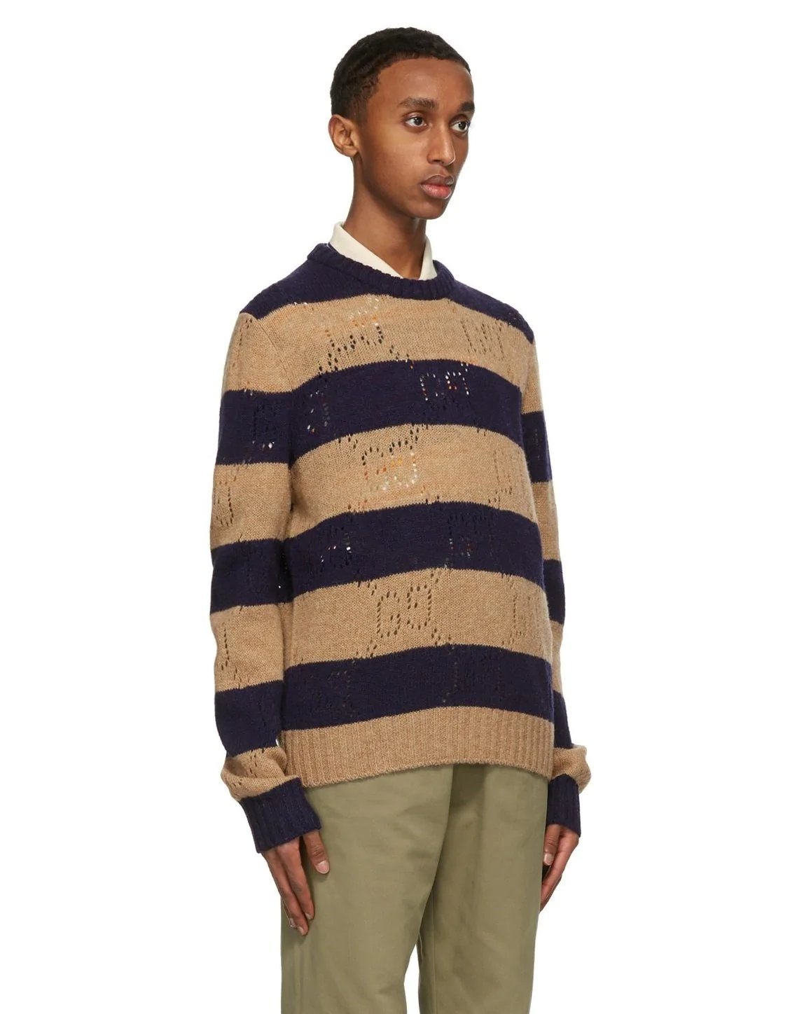 Alternative view of Gucci Beige & Navy Wool Striped GG Sweater