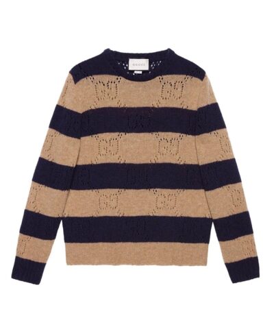 Gucci Beige Navy Wool Striped GG Sweater 20249355 4