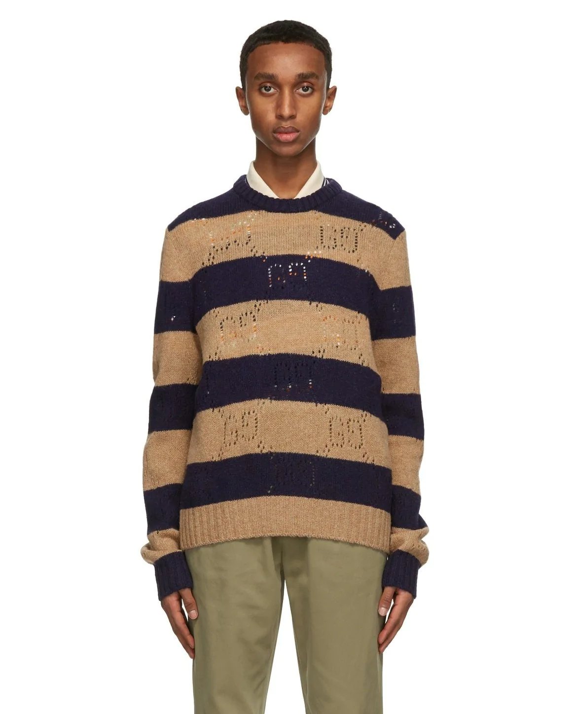 Gucci Beige & Navy Wool Striped GG Sweater-20249355