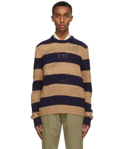 Gucci Beige & Navy Wool Striped GG Sweater-20249358
