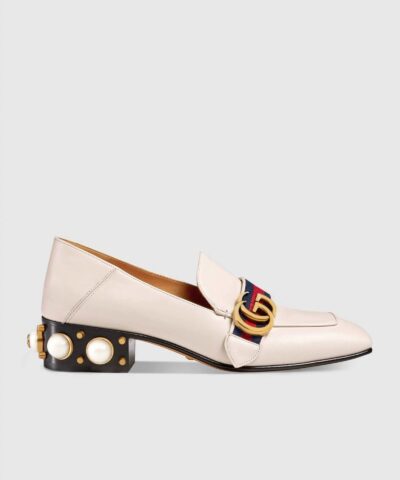 Gucci Leather Mid-Heel Loafer, White-20256141