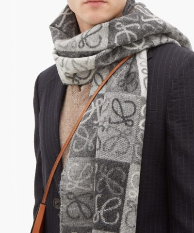 Loewe Fringed Wool and Cashmere blend Jacquard Scarf BlackWhite 20247709 1