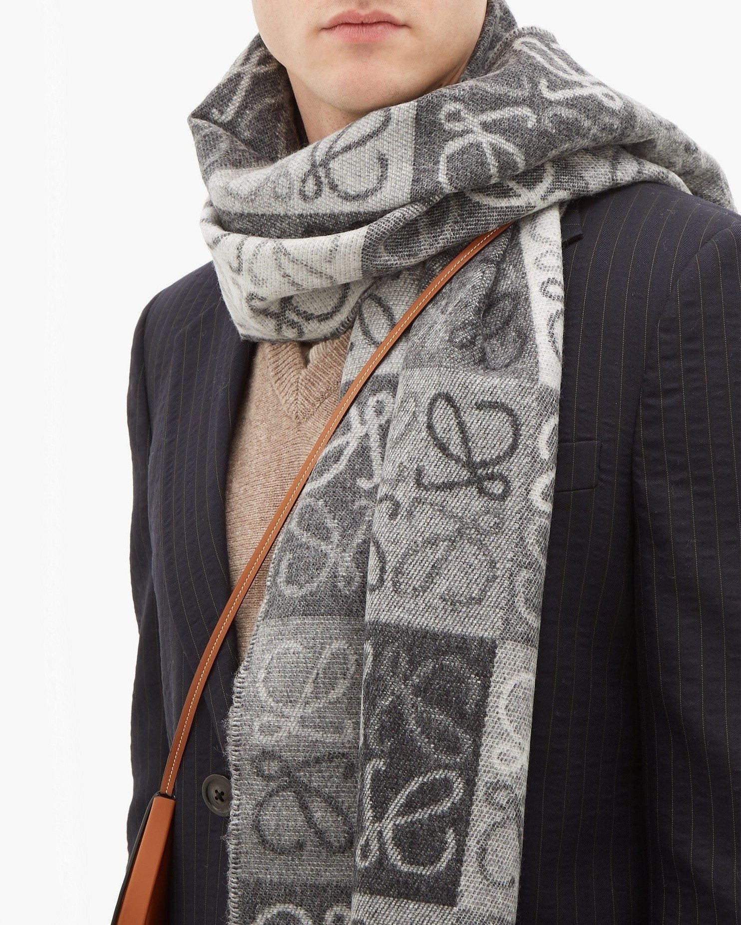 Alternative view of Loewe Fringed Wool and Cashmere-blend Jacquard Scarf, Black/White