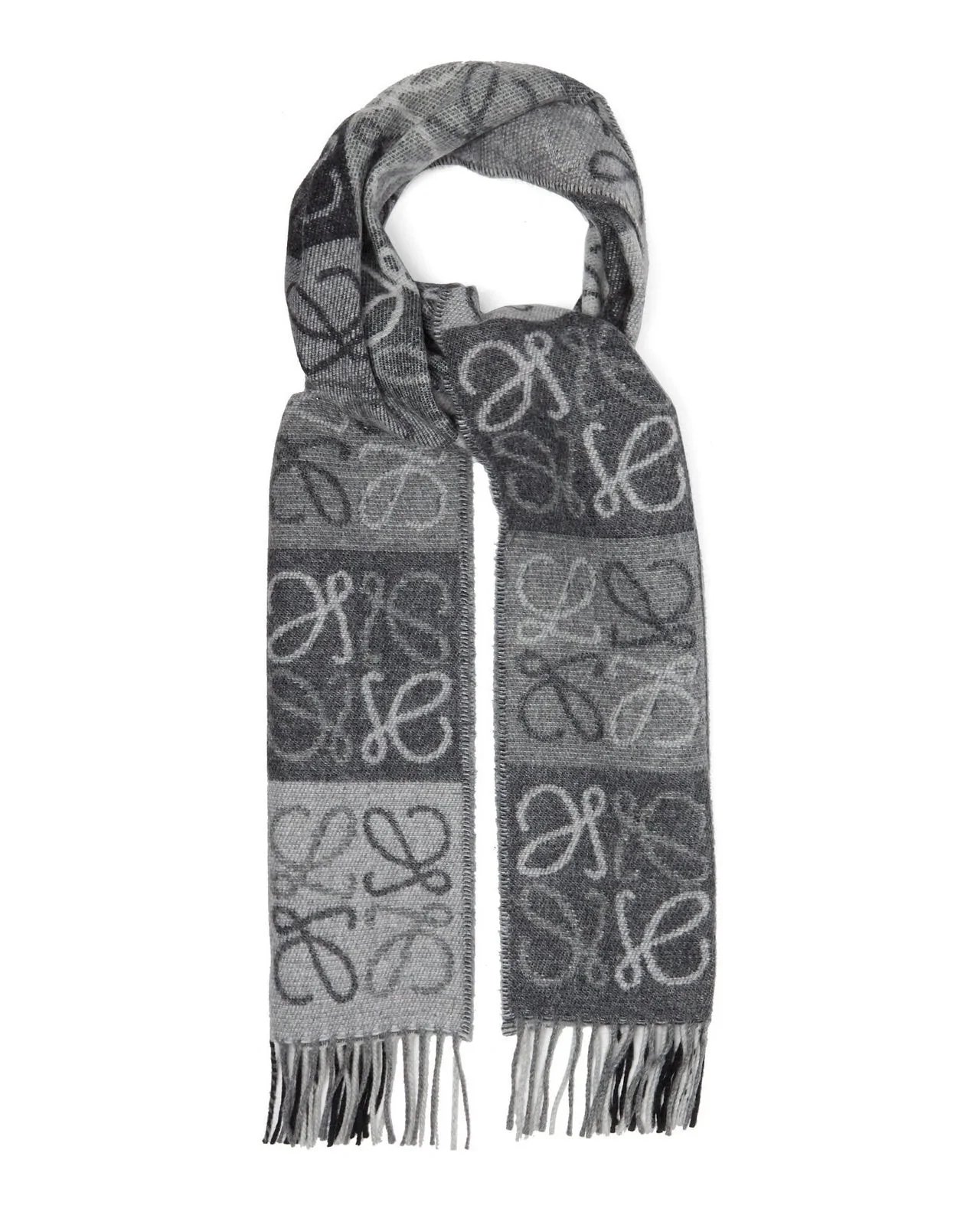 Loewe Fringed Wool and Cashmere-blend Jacquard Scarf, Black/White-20247709