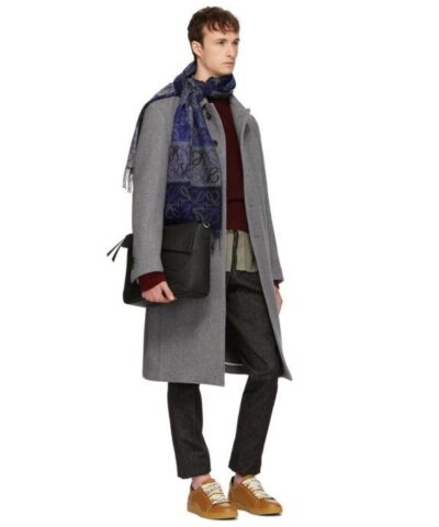 Loewe Fringed Wool and Cashmere blend Jacquard Scarf BlueGrey 20247704 1