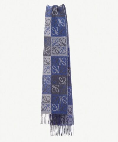 Loewe Fringed Wool and Cashmere blend Jacquard Scarf BlueGrey 20247704 2