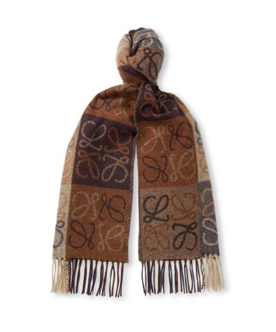 Loewe Fringed Wool and Cashmere-blend Jacquard Scarf, Navy/Brown-20247715