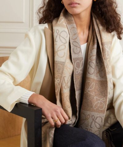 Alternative view of Loewe Fringed Wool and Cashmere-blend Jacquard Scarf, White/Beige