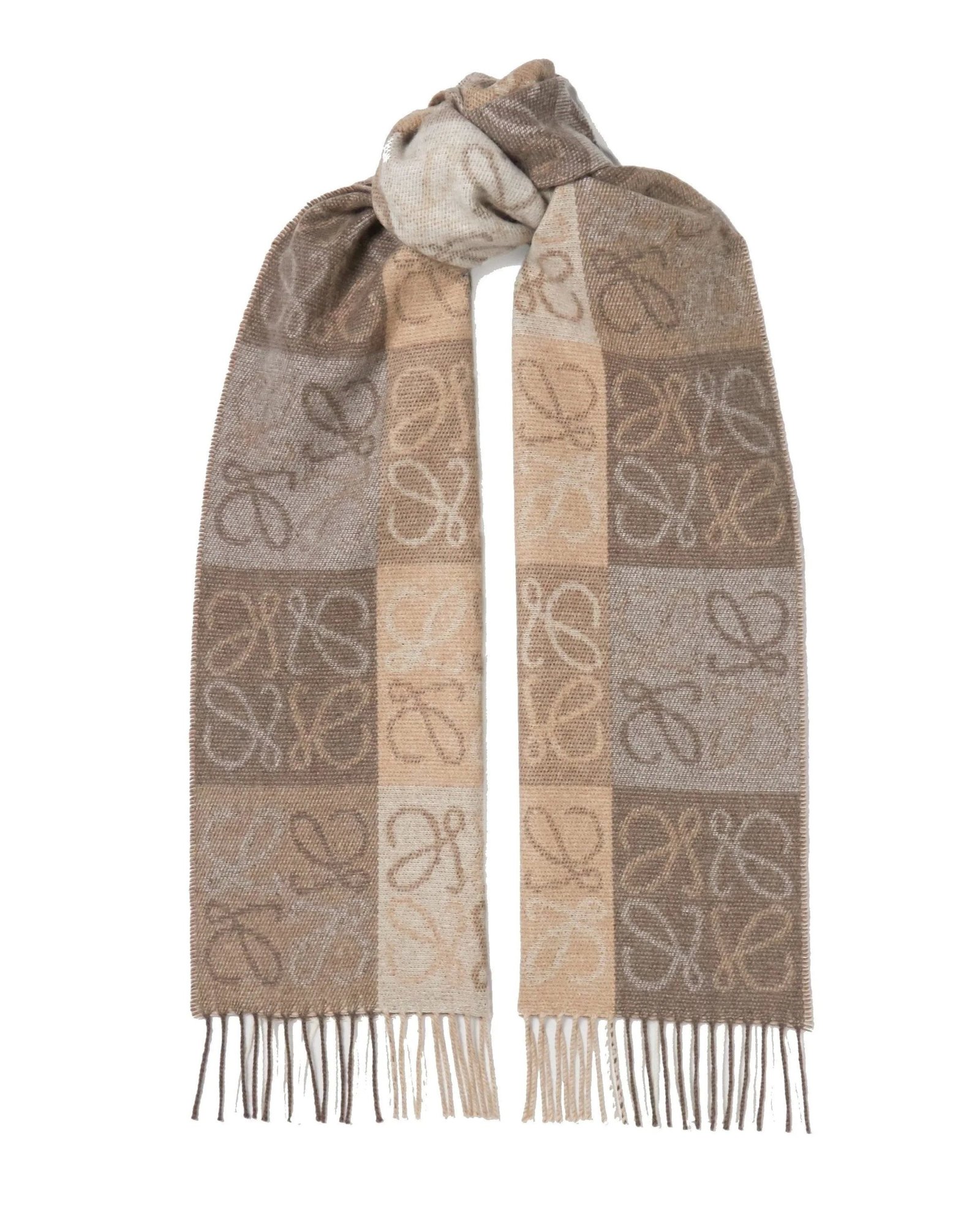 Loewe Fringed Wool and Cashmere-blend Jacquard Scarf, White/Beige-20247721