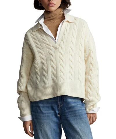 Polo Ralph Lauren Cable Knit Wool Cashmere Polo Sweater In Beige 20236780 1
