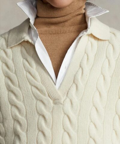 Polo Ralph Lauren Cable Knit Wool Cashmere Polo Sweater In Beige 20236780 2