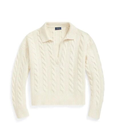 Polo Ralph Lauren Cable-Knit Wool-Cashmere Polo Sweater In Beige-20236785