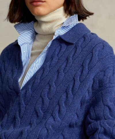 Polo Ralph Lauren Cable Knit Wool Cashmere Polo Sweater In Blue 20236791 2