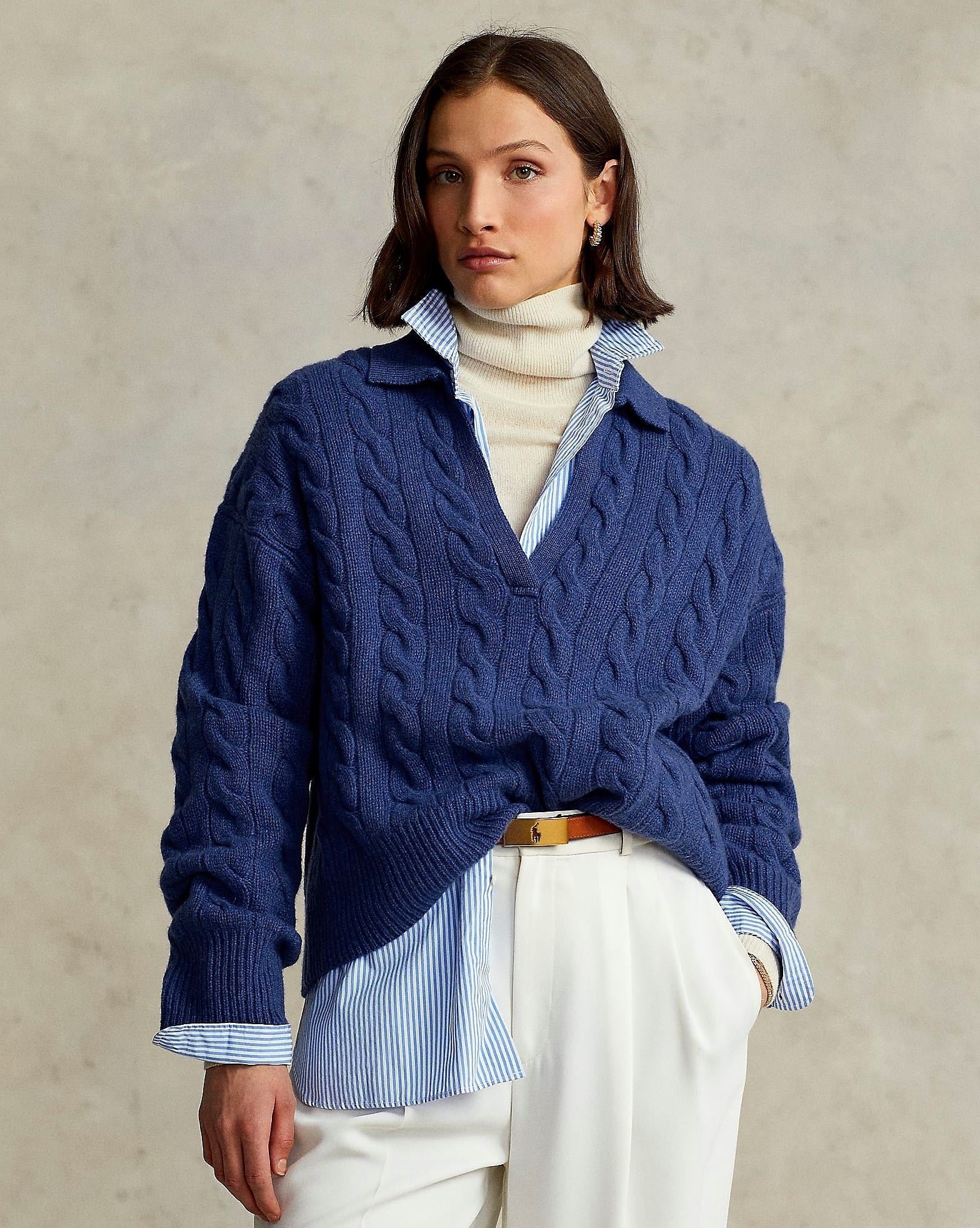 Polo Ralph Lauren Cable-Knit Wool-Cashmere Polo Sweater In Blue-20236791