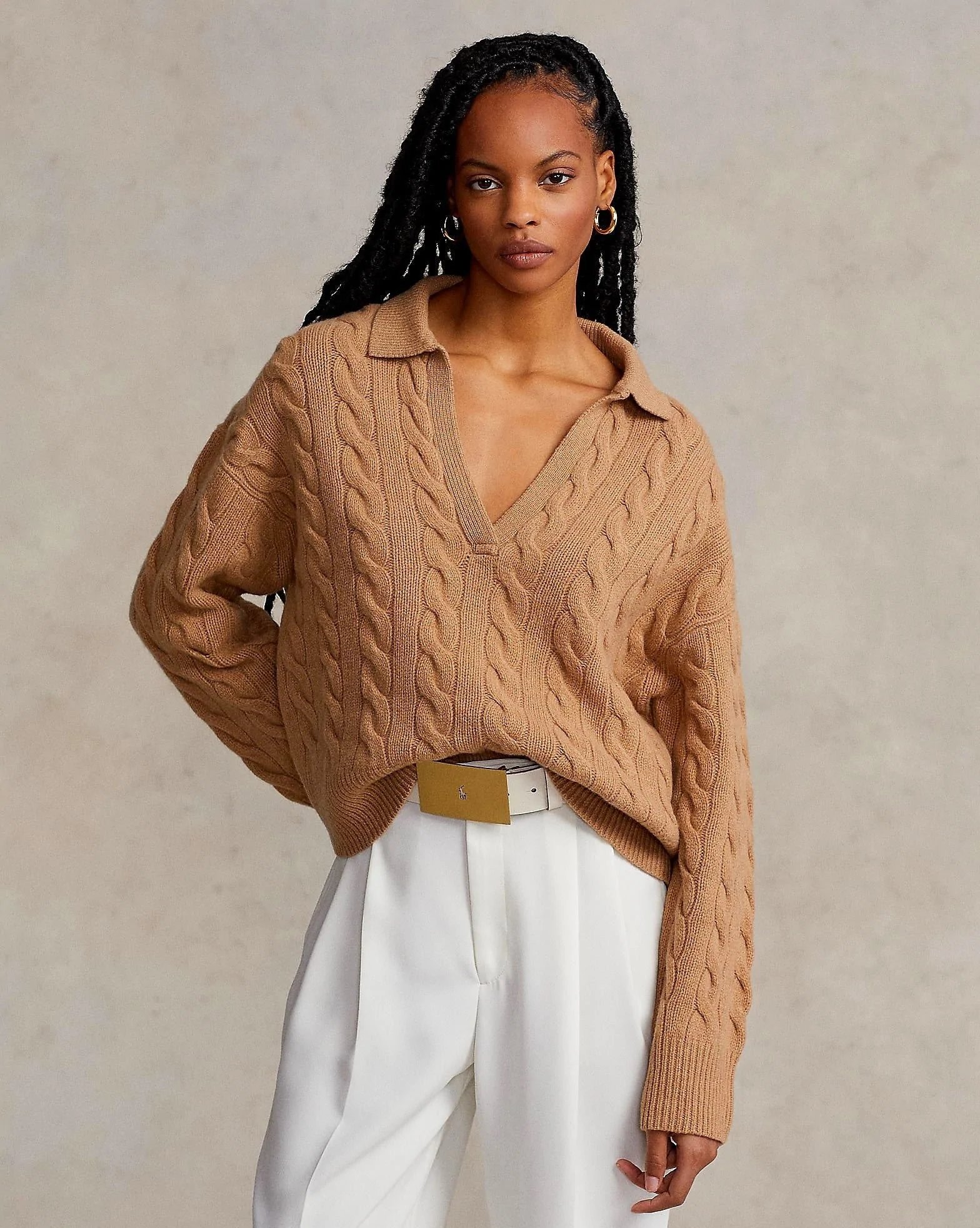 Polo Ralph Lauren Cable-Knit Wool-Cashmere Polo Sweater In Camel-20236801