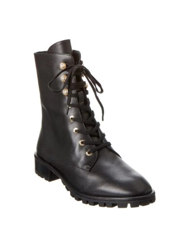 Stuart Weitzman Laine Pearl Leather Combat Boot In Black 20247903 1