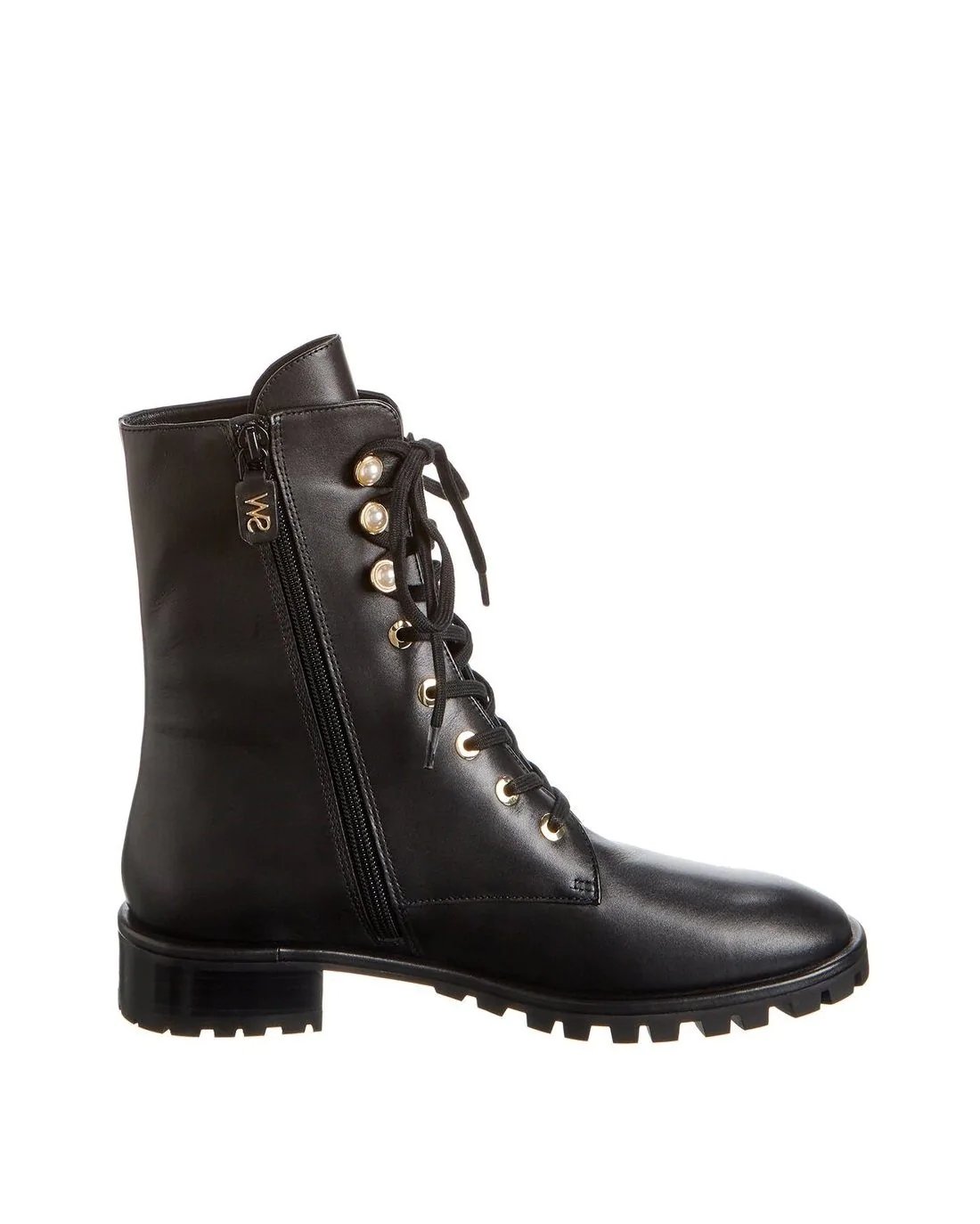 Stuart Weitzman Laine Pearl Leather Combat Boot In Black-20247903