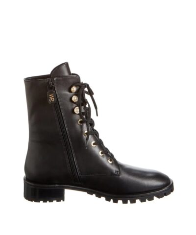 Stuart Weitzman Laine Pearl Leather Combat Boot In Black-20247908