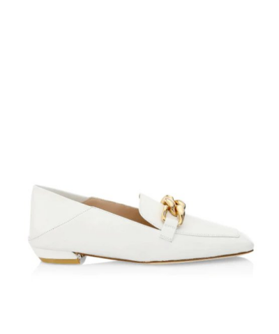 Stuart Weitzman Mickee Chain Square-Toe Leather Loafers, White-20247976