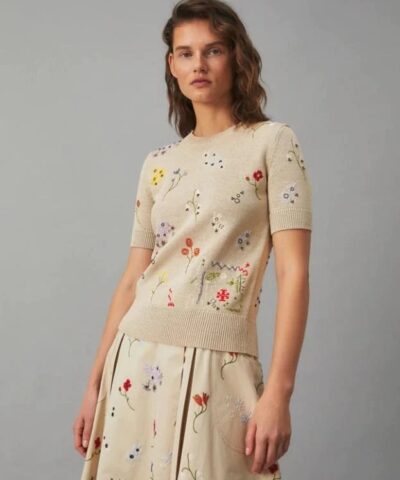 Tory Burch Floral Embroidered Short Sleeve Pullover 20253919 1