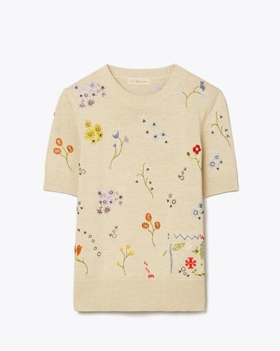 Tory Burch Floral Embroidered Short-Sleeve Pullover-20253919