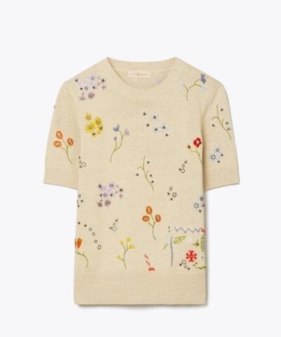 Tory Burch Floral Embroidered Short-Sleeve Pullover-20253922