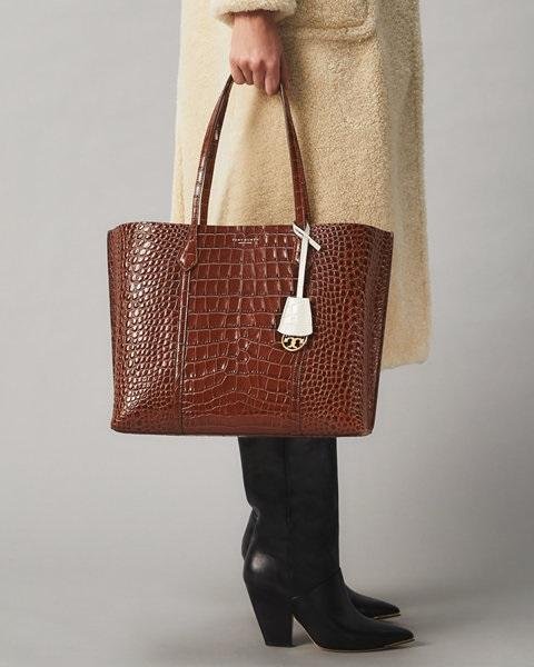 Alternative view of Tory Burch Perry Embossed Triple-Compartment Tote Bag, Brown