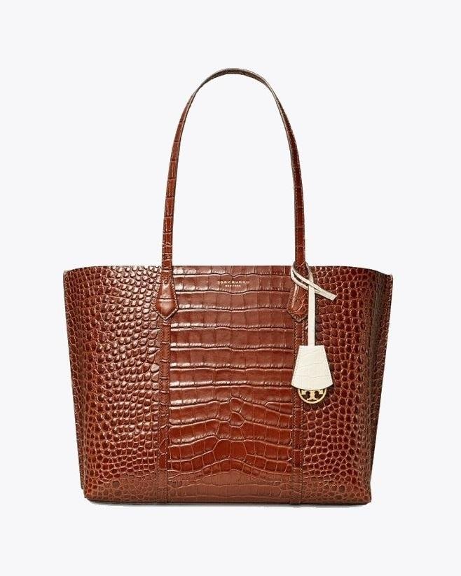 Tory Burch Perry Embossed Triple-Compartment Tote Bag, Brown-20257050