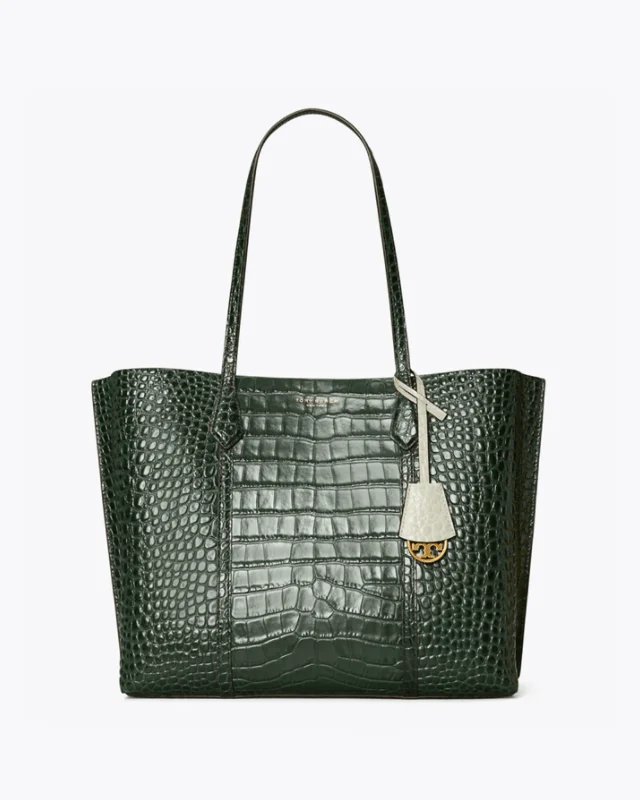 Tory Burch Perry Embossed Triple-Compartment Tote Bag, Deep Kelp-20257063