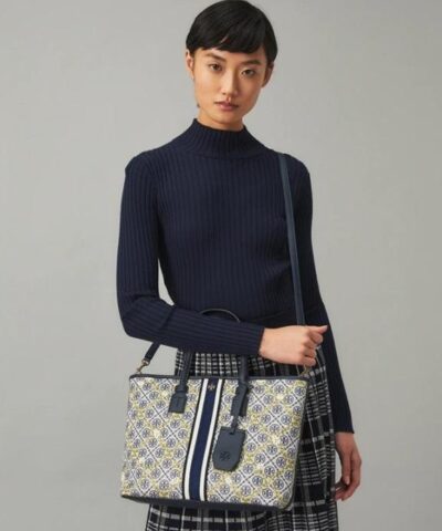 Tory Burch T Monogram Floral Vine Small Top Zip Tote Bag In Navy 20252019 1