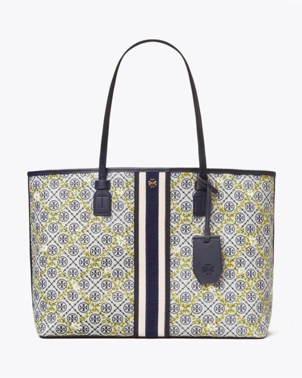 Tory Burch T Monogram Floral Vine Top-Zip Tote Bag In Navy-20252005