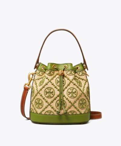 Tory Burch T Monogram Straw Bucket Bag In Natural / Shiso-20251884