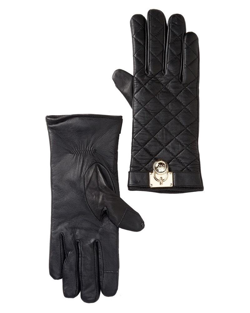 Michael Kors Quilted Leather Hamilton Lock Gloves,Black-20225376