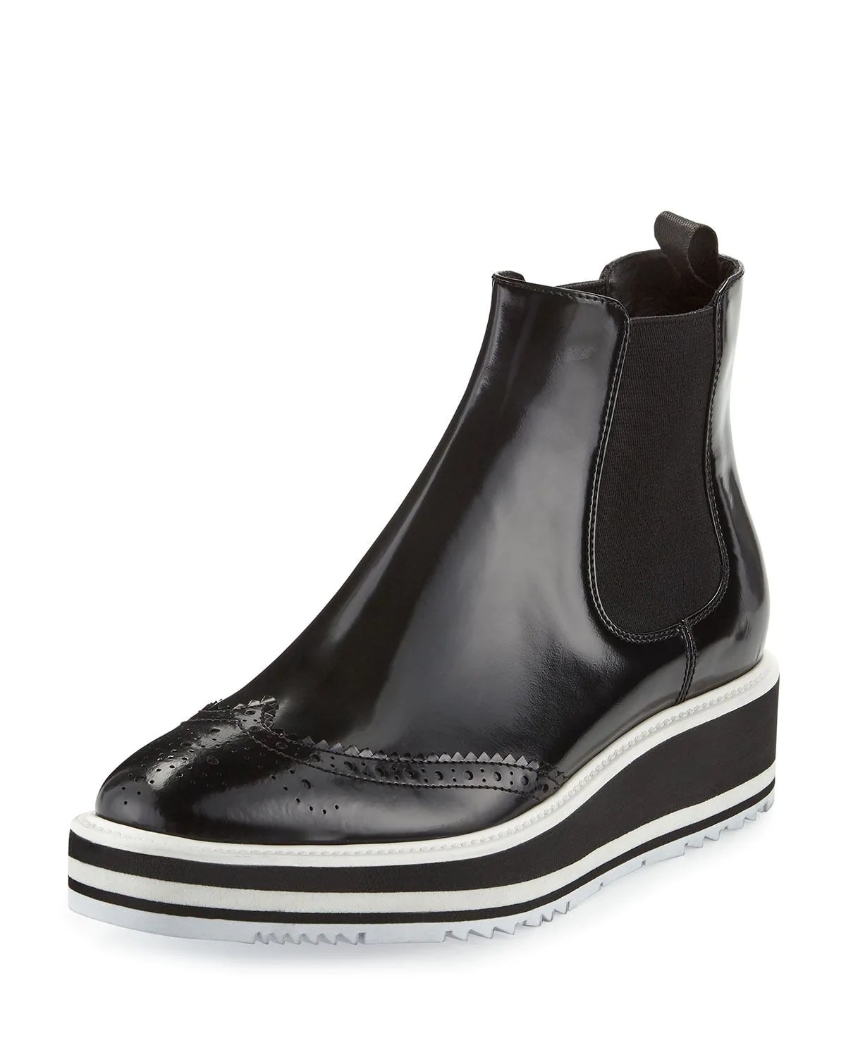 Prada Micro-Sole Wing-Tip Chelsea Boot, Black (Nero)-20227871
