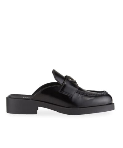 Prada Black Leather Logo Loafer Mules-20256460