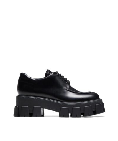 Prada Monolith Brushed Leather Lace-Up Shoes, Black-20256484