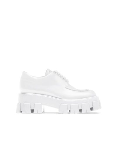 Prada Monolith Brushed Leather Lace-Up Shoes, White-20256476