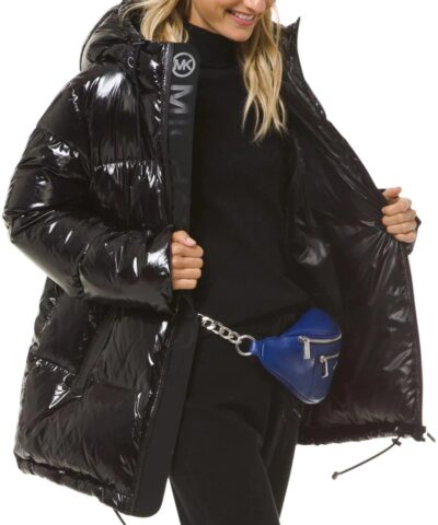 products michael by michael kors Black Hooded Quilted Cire Down Jacket