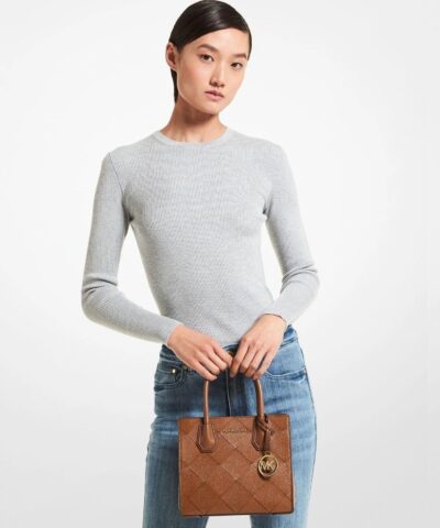 products michael kors LUGGAGE Mercer Medium Woven Leather Accordion Crossbody Bag
