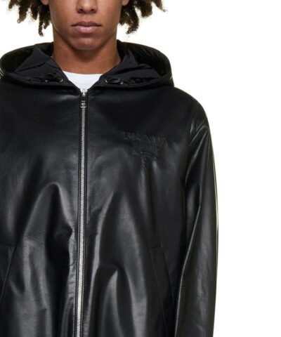 Prada Men's Logo Embossed Hooded Zipped Jacke - Image 3