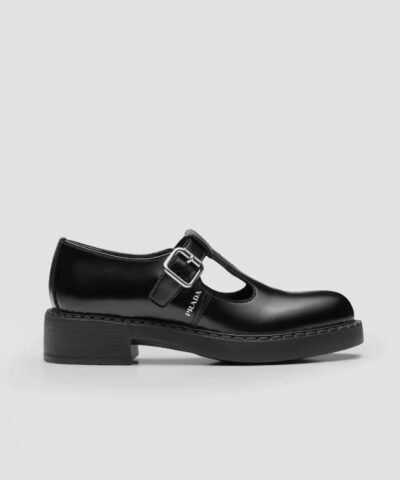 Prada Black Brushed-Leather Mary Jane T-Strap Shoes-20243757