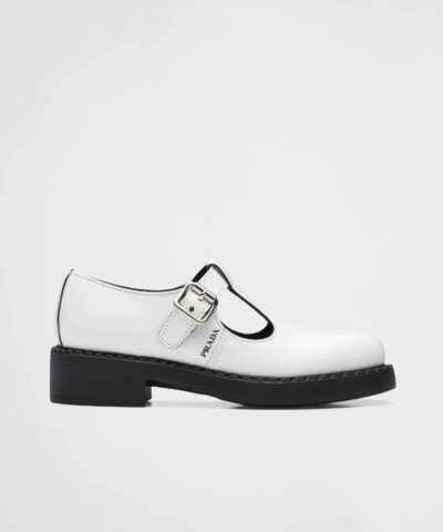 Prada White Brushed-Leather Mary Jane T-Strap Shoes-20243742